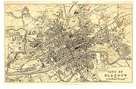 Spiffing Prints Glasgow Map Scotland 1878 – Großes Archiv-Poster, gerahmt, matt