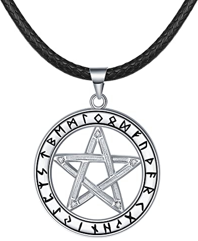REIOT Pentagramm Halskette für Damen - Wachs Leder Seil 925 Sterling Silber Wikinger Anhänger, Davidstern Amulett Schmuck