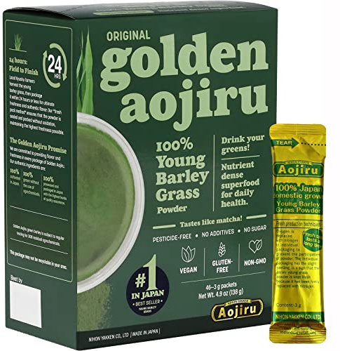 Golden Aojiru Original - Young Barley Green Grass Juice Powder with Rich Dietary Fiber, 100% Japanese Grown - Ready-to-Use 0.1 oz. (3g) Individual Packet × 46pcs - Vegan, Non-GMO, and Gluten Free