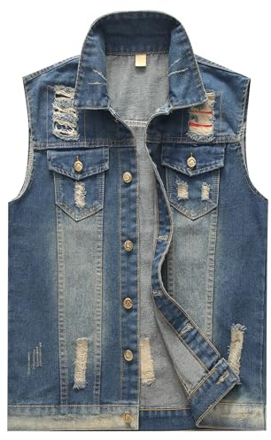 KUDORO Herren Denim Weste Zerrissen Jeansweste Ärmellose Biker Casual | Freizeitweste Fashion Motorrad Jeans Weste für Männer