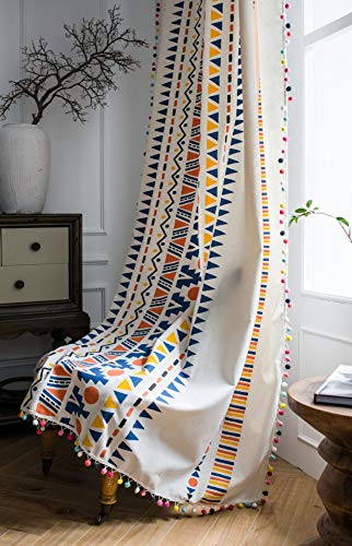 SASIGAYA Beige Vorhänge Bunt Geometrische Vorhänge in Böhmischen Vintage Gardinen mit Quasten Baumwolle Leinen Lichtdurchlässig Verdunkelungs Vorhänge für Wohnzimmer Schlafzimmer 2 Stück H160×B150 cm