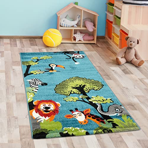 CARPETIA Waldtier-Teppich in Blau • Das perfekte Accessoire für EIN tierisch schönes Kinderzimmer, 80 x 150 cm