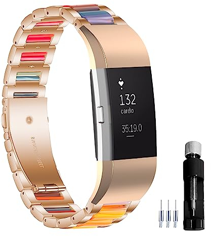 Gheper Bracelet de montre en résine et acier inoxydable compatible avec Fitbit Charge 2/Charge 2HR Smartwatch Bracelet de rechange en métal pour homme et femme