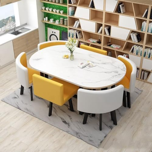 MAxba Oval Esstisch mit 6 Stühlen Konferenztisch Küchentisch Couchtisch Verhandlungstisch Empfangtisch,PU-Sitzplatte,Tischplatte aus Holz (Color : Geel)