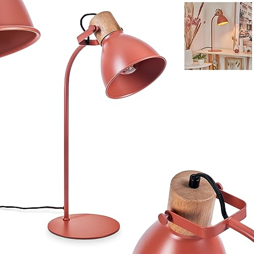 Tischeuchte Chipou, moderne Tischlampe aus Metall/Holz in Rot/Natur, verstellbare Leseleuchte mit rundem Schirm (Ø 15 cm) und Schalter am Kabel, Höhe max. 51 cm, 1 x E27, ohne Leuchtmittel