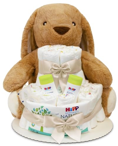 MilaBoo® Windeltorte beige mit kuscheligen großen Hasen I hochwertiges Neugeborenen Geschenk mit Windeln und Produkten