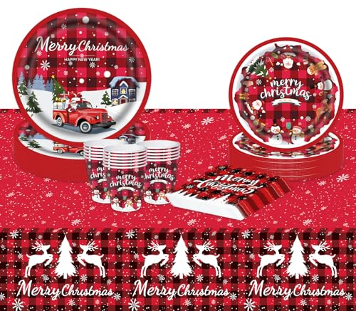 VReder Christmas Party Tableware Set, Christmas Party Plates Paper Party Cups Napkins Tablecloth Red Moose Snowflake for Christmas Party Xmas Theme Supplies Decor 16 Guests