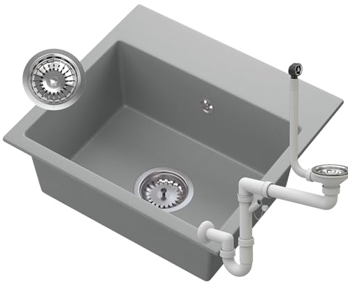Spülbecken 45x42 cm mit Siphon - Granitspüle mit vorgebohrte Löche - Waschbecken für Küche - Einbauspüle Milos - Grau - Granitan