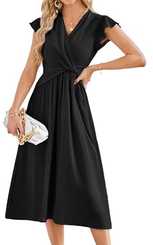 JASAMBAC Womens Dresses,Chiffon Dresses Ruffle Flutter Sleeves Summer Dress Ruched Wrap A-Line Midi Dress Wedding Guest Dress Flowy Dreess Casual Dresses Black