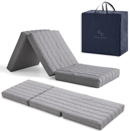 ErossConfort Klappmatratze, viskoelastisch, für Gäste, 65 x 195 cm, HD-Schaum + 2 cm Viskose, Ausziehbett, faltbar, atmungsaktiv, abnehmbarer Bezug, Höhe 12 cm, Grau. Mit Tasche und Kissen.