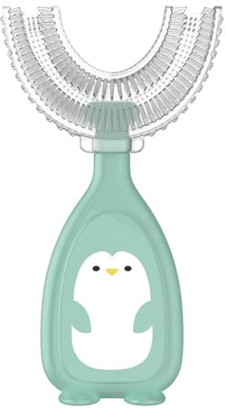 MULAIDI Cartoon Pinguin Baby Kinder Manuelle Zahnbürste 360 Grad U-förmige Zahnbürste Beißring Weiches Silikon Baby Zahnbürste Kinder Zähne Mundpflege Reinigung für Gesundheit Werkzeug (Grün, L)