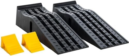 CLP Set Di Rampe Per Auto I Per La Riparazione Dell'auto, Antiscivolo E Robusto I Set Di Rampe Con Cric Per Auto Per Furgoni E Auto Da Campeggio, Contenuto del set:Rampa di accesso + cuneo per ruote