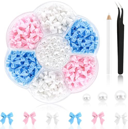 NACHLYNN 630 Stück Nagelanhänger mit Schleife Weiß Rosa Blau Schleife 3D Süße Nagelanhänger Flache Rückseite Flacher Schleifenknoten Nagelstecker Strasssteine für Nägel DIY Kunsthandwerk
