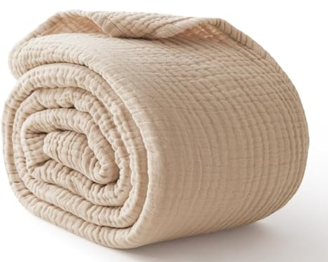 100% bomull muslin filt drottning 228 cm x 228 cm, 6 lager andningsbar och lätt bomullsfilt för säng, mjukt överkast, gasfilt för vuxna hela säsongen, beige linne, havregryn