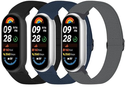 Msksjer 3 Stück Nylon Armband kompatibel mit Xiaomi Mi Smart Band 10/9/8 für Damen Herren, Verstellbares Solo Loop Weiches Elastisch Stoff Sport Armbänder für für Mi Band 10/9/8