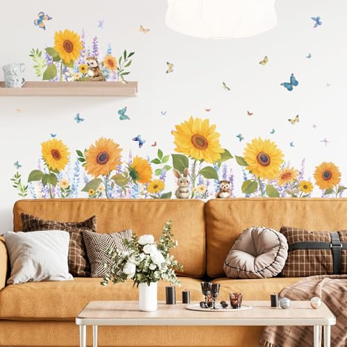 SHUCHING Sonnenblume Wandsticker, Lila Lavendelblüten Wandaufkleber, Kaninchen Schmetterling Blume Wandtattoos für Wohnzimmer Schlafzimmer Wanddeko DIY