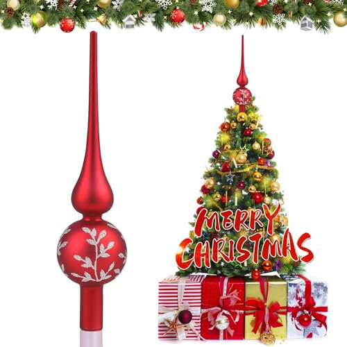 JOYUE Weihnachtsbaumspitze Glas Matt Christbaumspitze Silber 26 cm Christbaumschmuck Spitze, Weihnachtsdeko Baumspitze Rot Christmas Tree Topper, Weihnachtsbaum Stern Spitze (Rot Matt)