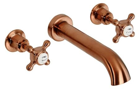 Milano Elizabeth Wall Mounted 3 Tap-Hole Basin Mixer Tap Crosshead Handle - Copper