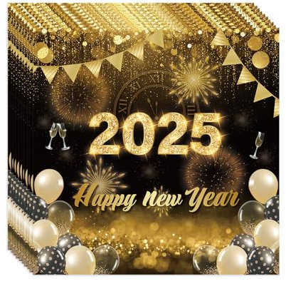 Servietten Silvester, Silvester Deko, 20 Stück Silvester Servietten Happy New Year Servietten in Schwarz Gold Können für die Deko Silvester Party 2025 Tisch (Silvester Deko)