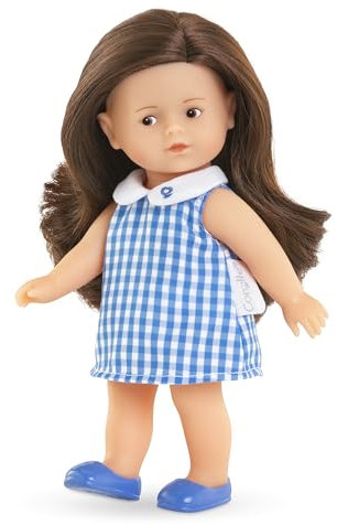 Les Trendies Mini Corolline Romy brünett, Vollvinylpuppe mit langem Haar und Karokleid in Geschenkbox, Vanilleduft, 20cm, ab 3 Jahren