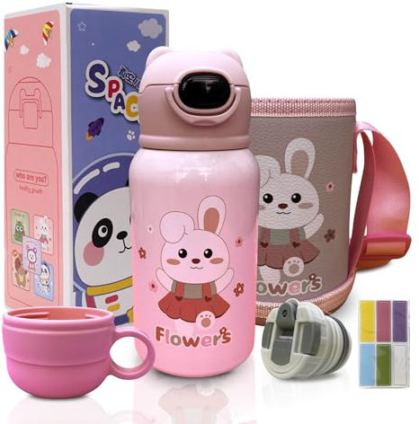 OMDAILYESSENTIALS Botella agua acero inoxidable niños - 500ml, Acero premium 316, Botella acero inoxidable niños con pajita, Botella termica niños con accesorios, Botellas de agua para niños