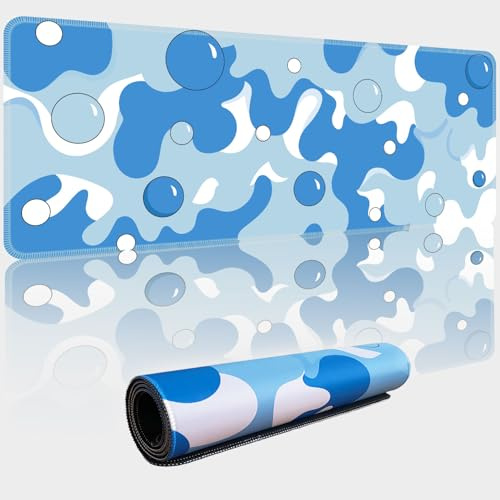Baby Blue White Bubble XL Mouse Pad,Thicken Waterproof Large Cool Gaming Mousepad with Stitched Edge,Anime Cool Geometric Spotted Dog Mousepad Non-Slip Base Mouse Keyboard Mat 800x300x3mm