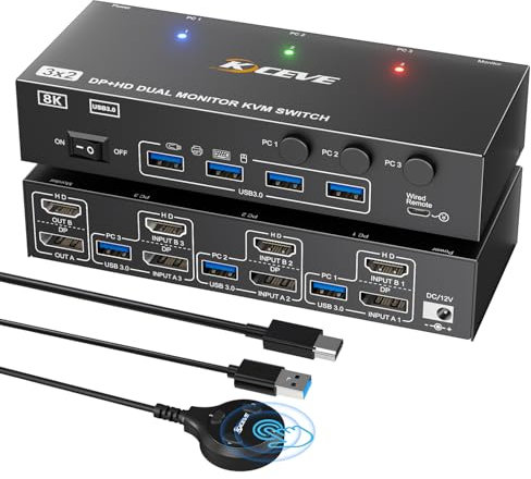 KVM Switch 3 Computer 2 Monitore, Displayport HDMI USB 3.0 KVM-Umschalter für zwei Monitore, unterstützt 8K@30, 4K144, 4K60 Hz für 3 Computer, die sich 2 Monitore, Tastatur und Maus teilen