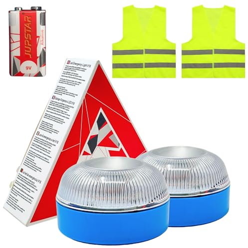 2x Warnleuchte V16 Autorisiert von DGT für die Signalgebung in Straßensituationen für Auto und Motorrad. Blinklicht, Batterie enthalten und Magnetfuß. 2 Warnwesten im Lieferumfang enthalten