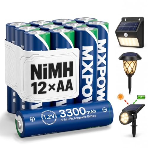 MXPOW 12 x AA Akku wiederaufladbar NiMH, 1,2V 3300mAh, 1200 Zyklen | 1200 Zyklen, Hohe Kapazität, Vorgeladen, Geringe Selbstentladung, Auslaufsicher, Solarleuchten Geeignet