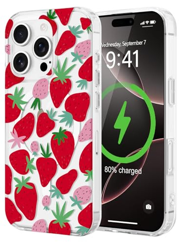 LCHULLE Magnetic for iPhone 16 Pro Max Case, Cute Aesthetic Bow, Strawberry | Compatible with MagSafe, Clear Ribbon Girly Bowknot Phone Cover for Women Girls, Slim TPU Bumper Hard Back,Anti-Yellowing