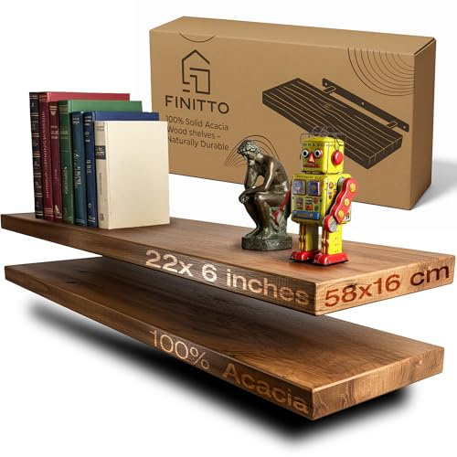 FINITTO | Estanteria Flotante de Madera de Acacia Maciza 'Filo' | Balda de Pared Premium para Salón o Dormitorio | Set de 2 Estantes Decorativos con Montaje Oculto