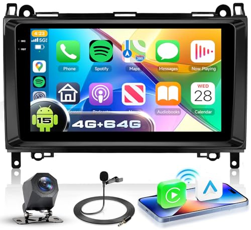 VECHTEL 4G+64G Autoradio Android 15 für Mercedes-Benz B200 2008-2011 B Klasse W169 W245 W639 Sprinter Viano Vito, 9'' In-Cell Touchscreen mit Carplay Android Auto GPS WiFi USB Bluetooth FM RDS Kamera