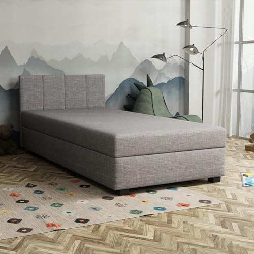 TAPCZANY24 - Boxspringbett Adel 90x200 cm mit Bonell Matratze | Bett mit Matratze, Polsterbett mit Bettkasten, Gepolstertes Einzel Bett, Schlafsofa - Grau