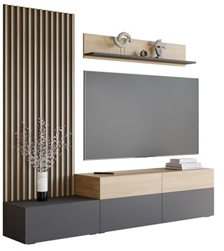 Mirjan24 Wohnwand Narezi, Elegantes Wohnzimmer-Set mit dekorativen Lamellen, Anbauwand mit Wandpaneele, TV-Lowboard, und Wandregal, Fernsehschrank (Graphit/Eiche Cremona, Breite: 225 cm)