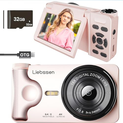 Liebssen Cámara Digital 4K UHD, Pantalla 3 Abatible 180°, 64MP Autofocus, Time-Lapse, Slow Motion, Redes sociales, Webcam, 32GB Portátil para Fotografía y Vídeo, Regalo para Niños y Principiantes