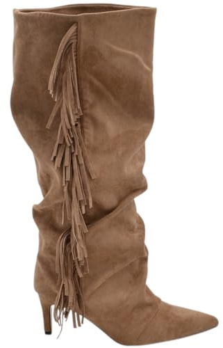 Stivale Alto Slouchy camoscio Beige Donna Linea Basic con Tacco a Spillo Kitten 3 cm Gambale Over a Punta Zip Frange (41 EU)
