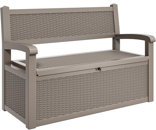 YITAHOME Aufbewahrungsbox mit 270L Fassungsvermögen, Allwetter-Resin Gartenbank mit abschließbarem Deckel, Gartenaufbewahrung für Terrassenmöbel, Kissen, Werkzeuge und Poolzubehör,Hellbrauner-Stuhl