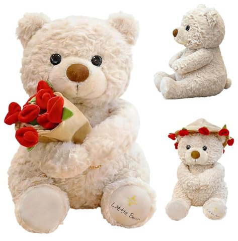 Eymobad Ours en peluche avec rose et chapeau, 30 cm, joli ours en tissu avec bouquet de roses, cadeau romantique pour femmes, filles, Saint-Valentin, anniversaire, décoration (beige)