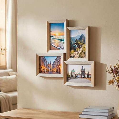 levandeo Bilderrahmen Collage 4 Fotos 10x15 Natur Weiß MDF Holz Fotorahmen Deko Galerie Wohndeko Wanddeko Collagerahmen