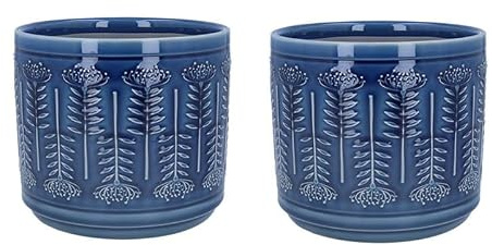 Gisela Graham Navy Blue Glazed Ceramic Plant Pot Cover, Protea Floral Embossed, Botanical Style, Set of 2, 18x20cm