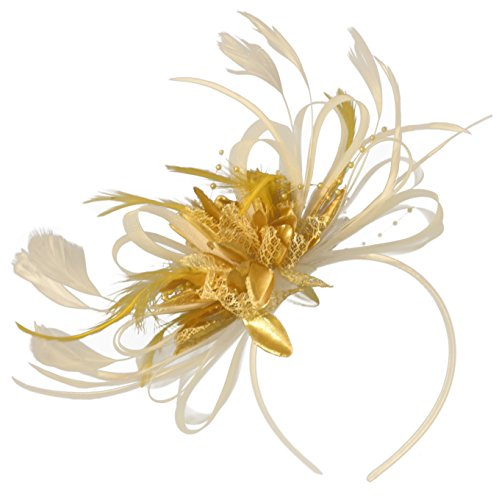 Fascinator-Haarband, mit Federn, creme-elfenbeinfarben/goldfarben