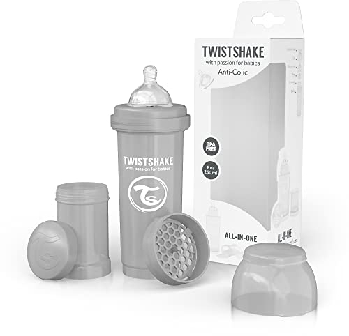 Twistshake Anti-Colic Baby Bottle with Milk Powder Container and Mixer - 260ml | Medium Flow Silicone Breast-Like Nipple | BPA- Free Baby Milk Bottle | Suitable for 2+ Month Babies | Grey