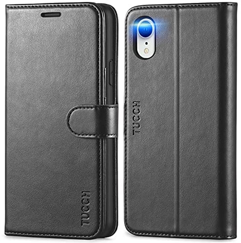 TUCCH Custodia per iPhone XR, Cover Antiurto Wake/Standby Automatico Portafoglio Tasca Carte RFID Blocco Supporto Chiusura Magnetica Portacellulare Pelle Sintetica TPU per iPhone XR, Nero