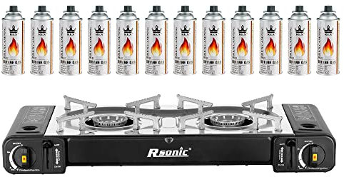 Mianova Campingkocher Doppel Gaskocher 2 flammiger Shisha Anzünder Grill Notfallkocher Kühltasche Gaskartuschen Gas Kocher Set Schwarz 12 Gasflaschen