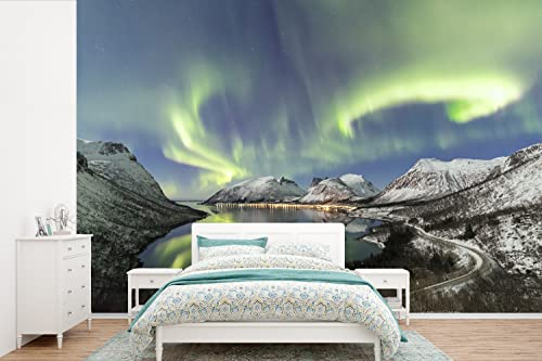 Selbstklebend Tapete Wandpapier Wandaufkleber Fototapete Tapeten Wanddeko 360x240 cm Nordlichter - Meer - Berge