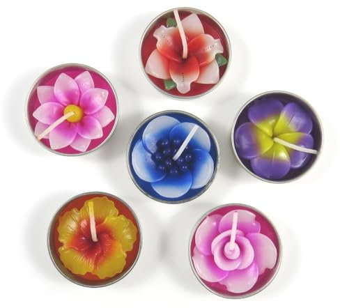 Große Teelichter und Dekoration, einschließlich 6 Duftkerzen in Blumenform (Hibiskusblüten, Lilie, Sakura, Lotus, Rose, Frangipani)