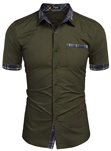 Misfuso Chemise Homme à Carreaux Manche Courte avec Poche Poitrine,Chemise décontractée sans Repassage Vert S