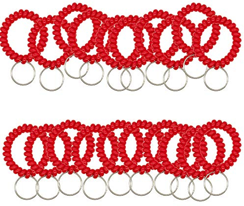 50 pcs Stretchable Key Ring Band Keychain Spriral Wrist Coil Keychain Black for Number Tag Key Tag (Red)