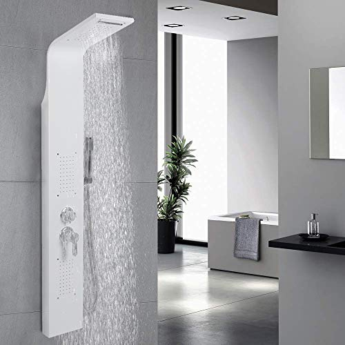 Columna de Duchas Hidromasaje Panel de Ducha en Acero Inoxidable con 5 Métodos de salida de agua (20×140 cm, Blanco)