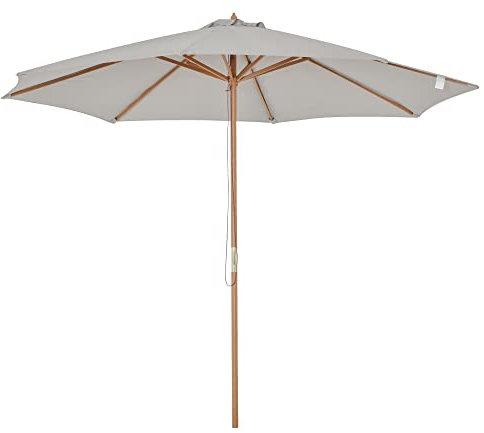 Outsunny 3(m) Garden Parasol, Pulley Operated Patio Umbrella, Wooden Parasol, Table Market Umbrella with Rope Pulley Mechanism and 8 Ribs, Grey